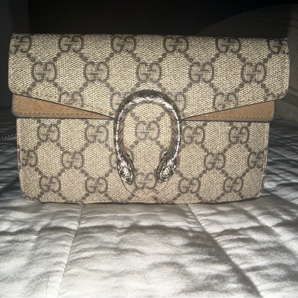 Gucci Beige and Brown Clutch with Silver Accent
